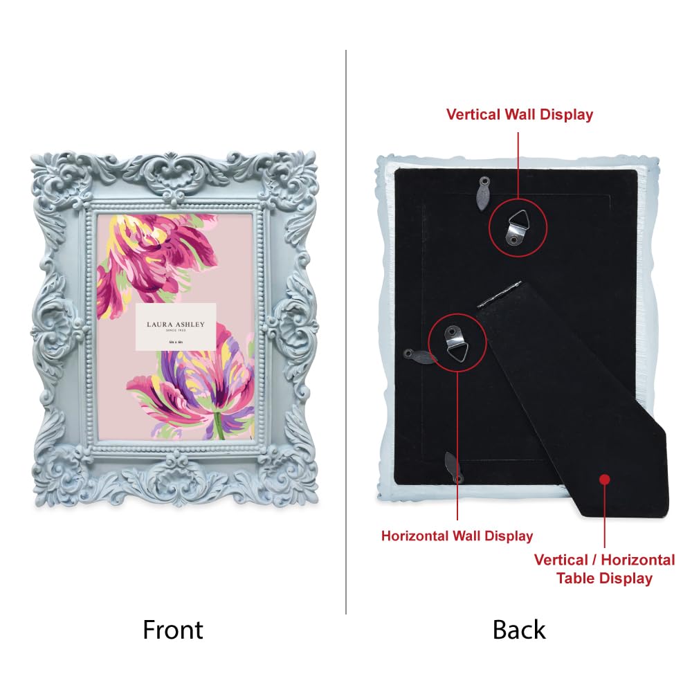 Laura Ashley 4x6 Powder Blue Ornate Textured Hand-Crafted Resin Picture Frame w/Easel & Hook for Tabletop & Wall Display, Decora